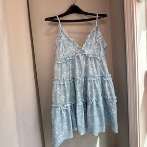 Light Blue and White Floral Mini Dress (Size Medium)
